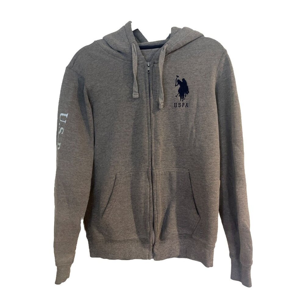 US POLO gray Zipper Hoodie Sweatshirt Front Logo Design Side Arm Print M Sz S